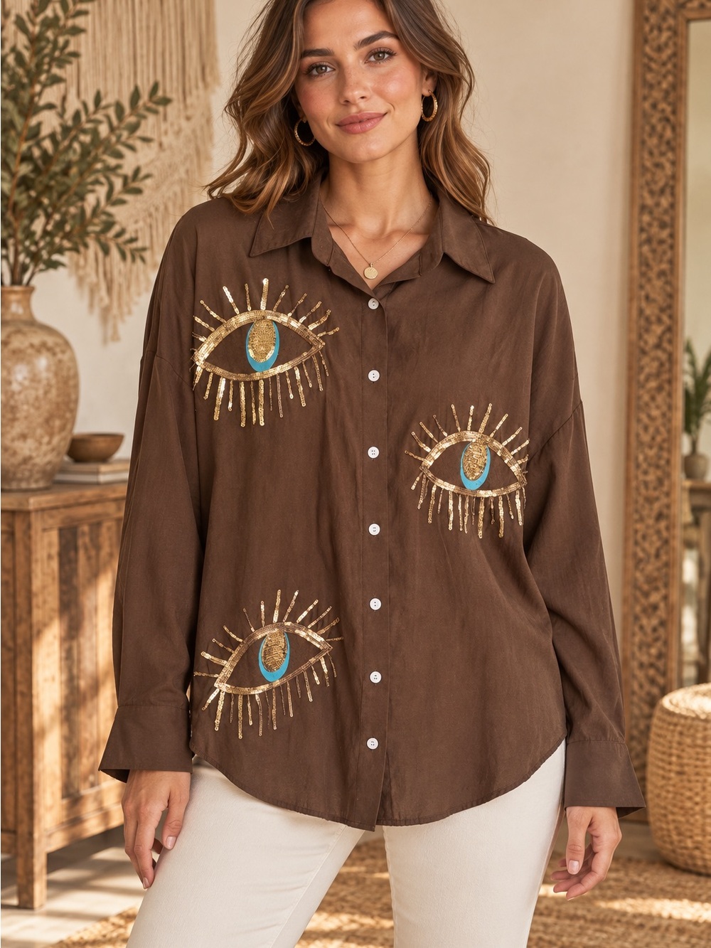 Evil Eye Sequin Brown Button Up (090890) 🧿 🪬